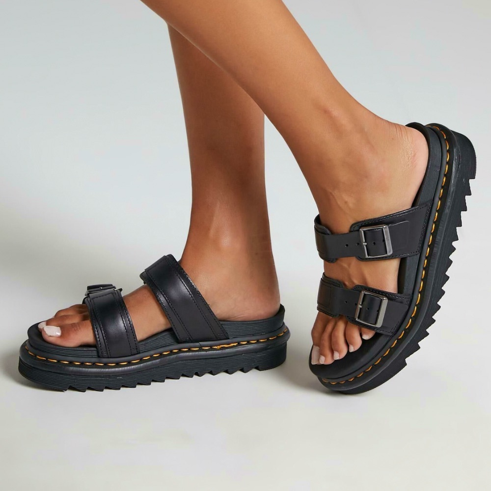 Dr. Martens | Myles Brando Leather Buckle Slide | Black Sandals | Women’s 9